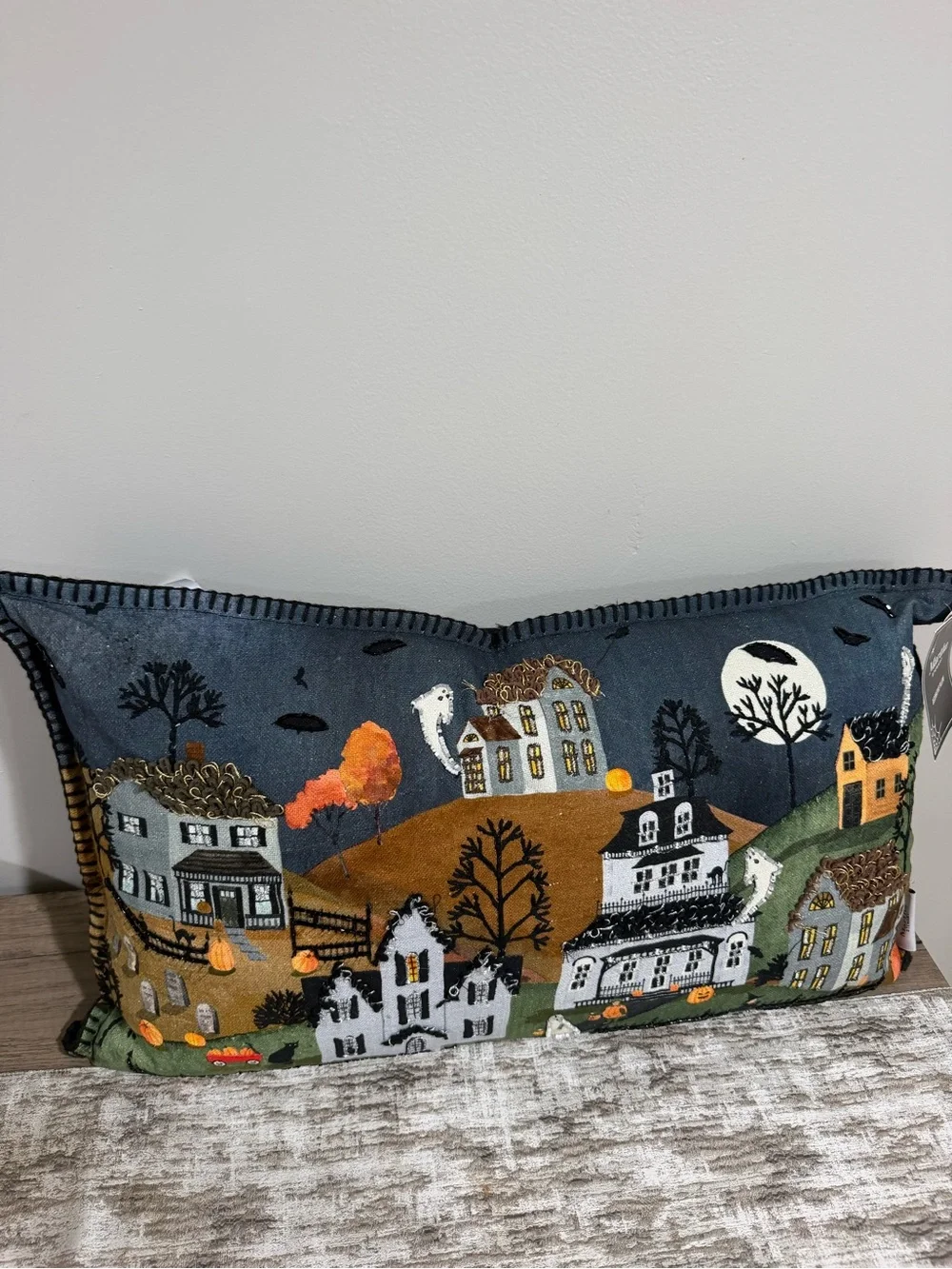 Martha Stewart Multicolor Embroidered Halloween Village Pilliow